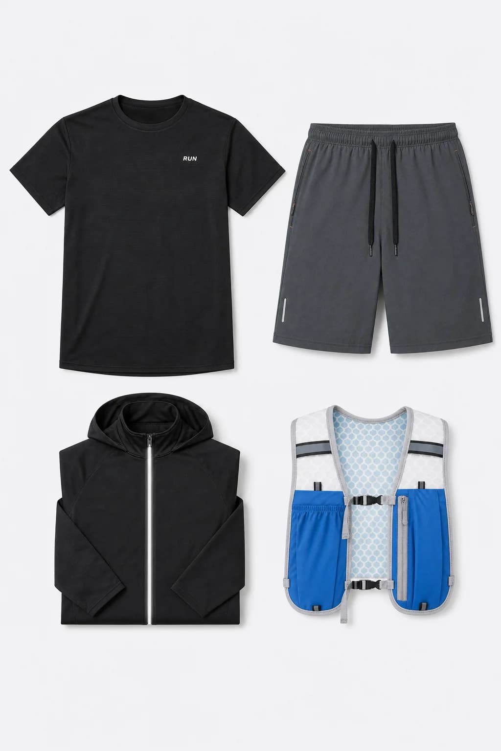 Runner wearing a matching charcoal running shirt and running shorts set