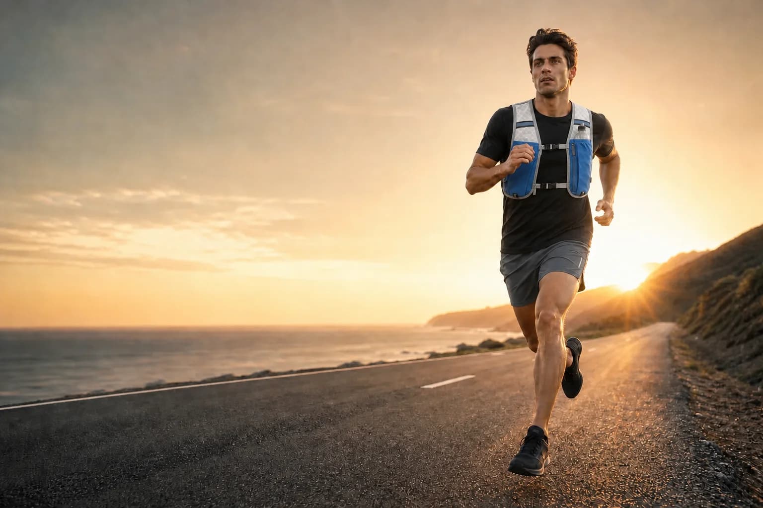 Runner in a black Trendora running T-shirt and shorts in full stride on an open road at sunrise